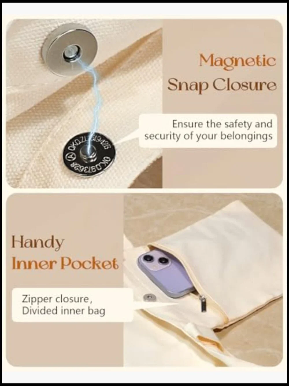 Large Capacity Canvas Tote Bag Reusable Grocery Shopping Magnetic Buckle Zipper